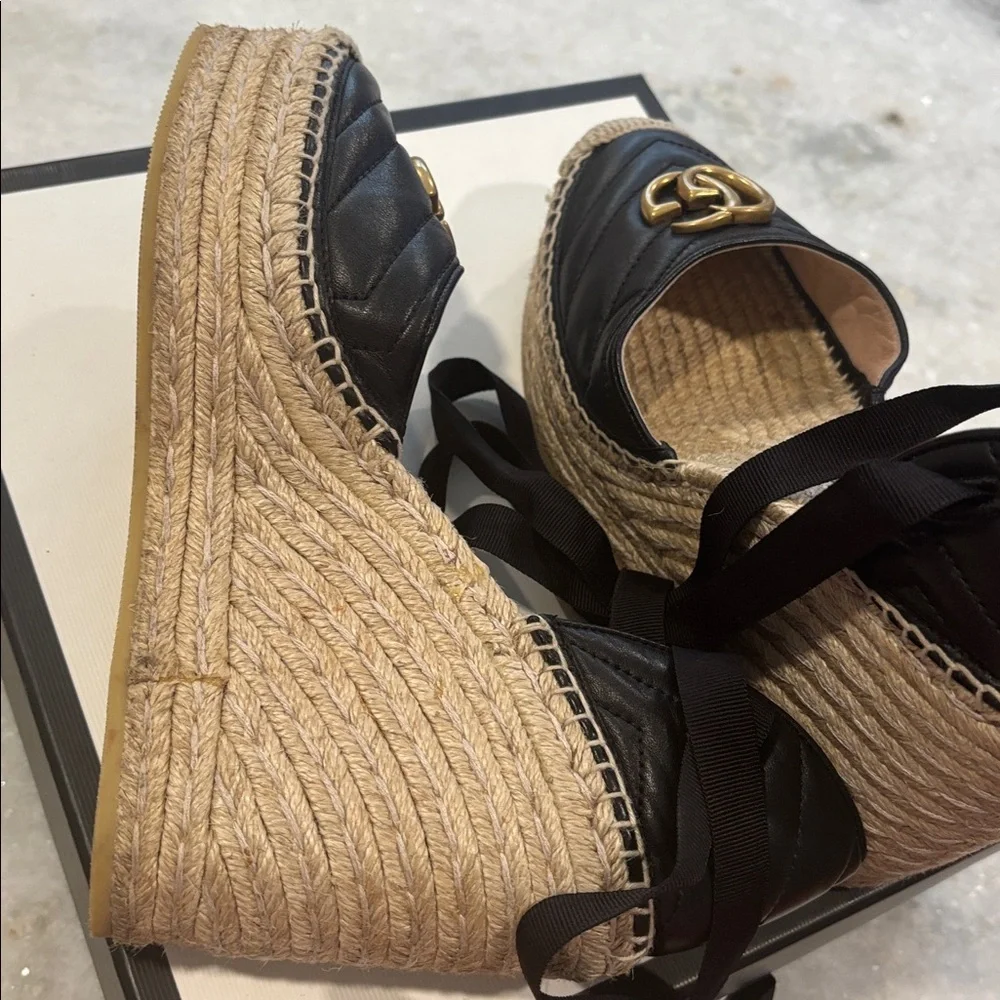Gucci Black Matelasse Leather GG Marmont Espadrille Ankle-Tie Wedges - Picture 11 of 16